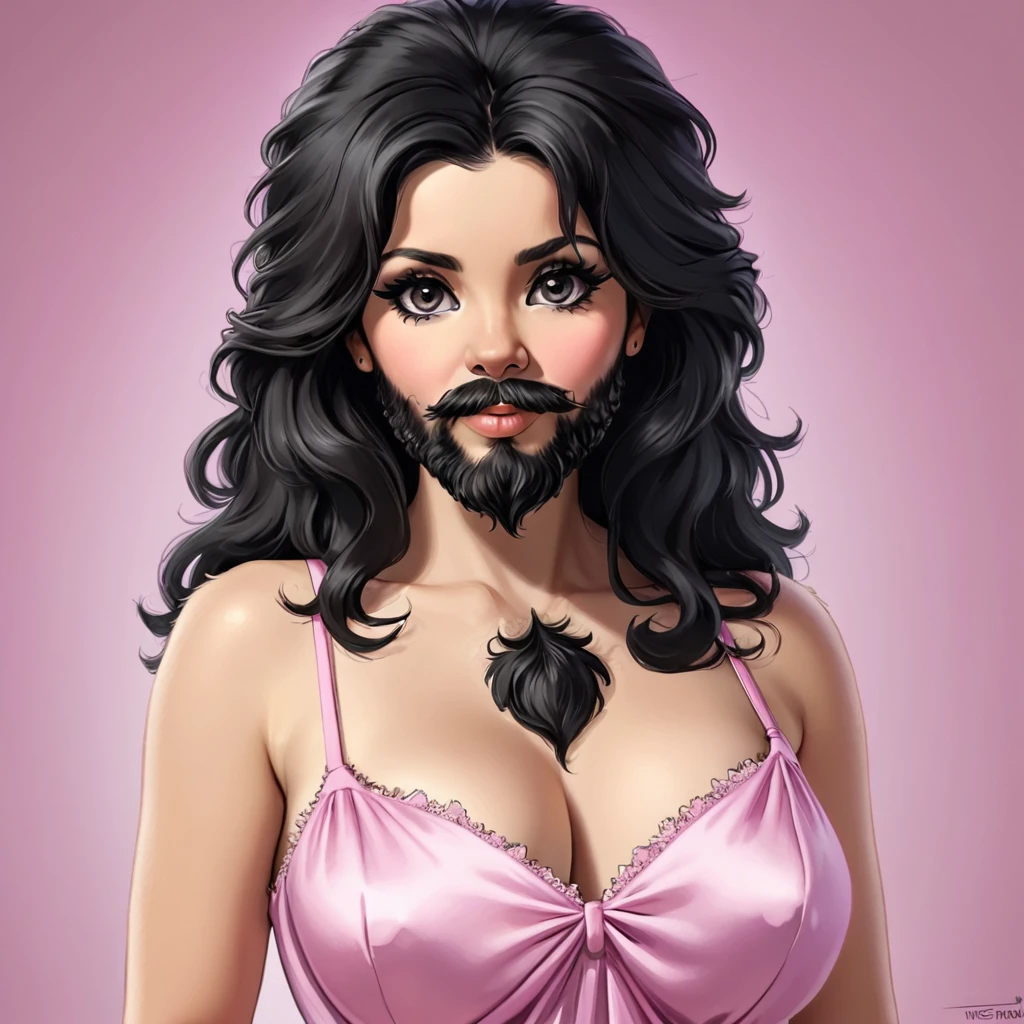 Jewish woman, black hair, black eyes, hair bust chest bearded shaggy, wears a pink low-cut dress