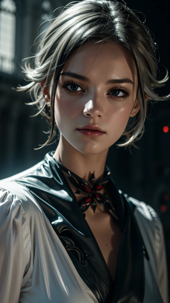 A adult girl in realistic portrait of high quality and detail, Arlecchino (genshin impact), 2000's movie style, french girl, dark and mysterious atmosphere, pale skin, glow, eye shadow, 1girl, thriller fantasy, Depth & Perspective, sadness on her face, short silver hair, She has black eyes with red cross-shaped pupils, Mystical powers, french old traditional clothes, fine face, standing on a hill, outside, the royal palace of the 19th century on the background, blue sky, white cloud, looking at viewer, (ultra-high detail:1.2), Masterpiece, Best Quality, Ultra-detailed, Cinematic lighting, 8K, delicate features, cinematic, 35 mm lens, f/1.9, highlight lighting, global lighting –uplight –v 4, cinematic, intense gaze, Cinematic lighting, 8K, high quality, Highest Quality, (Solo Focus), (extremly intricate:1.3), (Realistic), dramatic, masterful, Analog style, (Film grain:1.5), (warm hue, cold tone), a close up of a person surrounded, destruction behind back