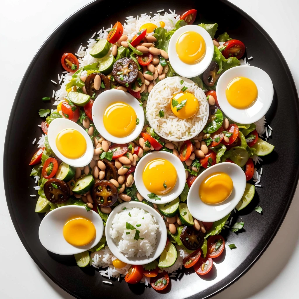 a plate of vegetarian food with rice, bean, salad, egg and vegetables seen from above with white background