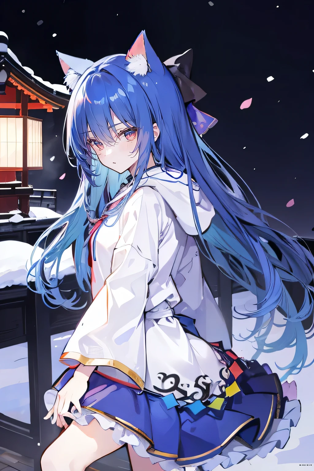 (masterpiece:1.2),Super detailed,lifelike,Expressive eyes,fair skin,perfect face shape,1 girl,
Japanese comics,Gorgeous blue hair,flowing blue hair,flowing clothes,Cat ears,Petals fall,beautiful lola,Baby Angel,
Shaking head with one hand,Cross your legs,Gentle and peaceful background,The pavilion is cool and comfortable,smile, wearing hoodie, background of tokyo,back views,snowing, winter.