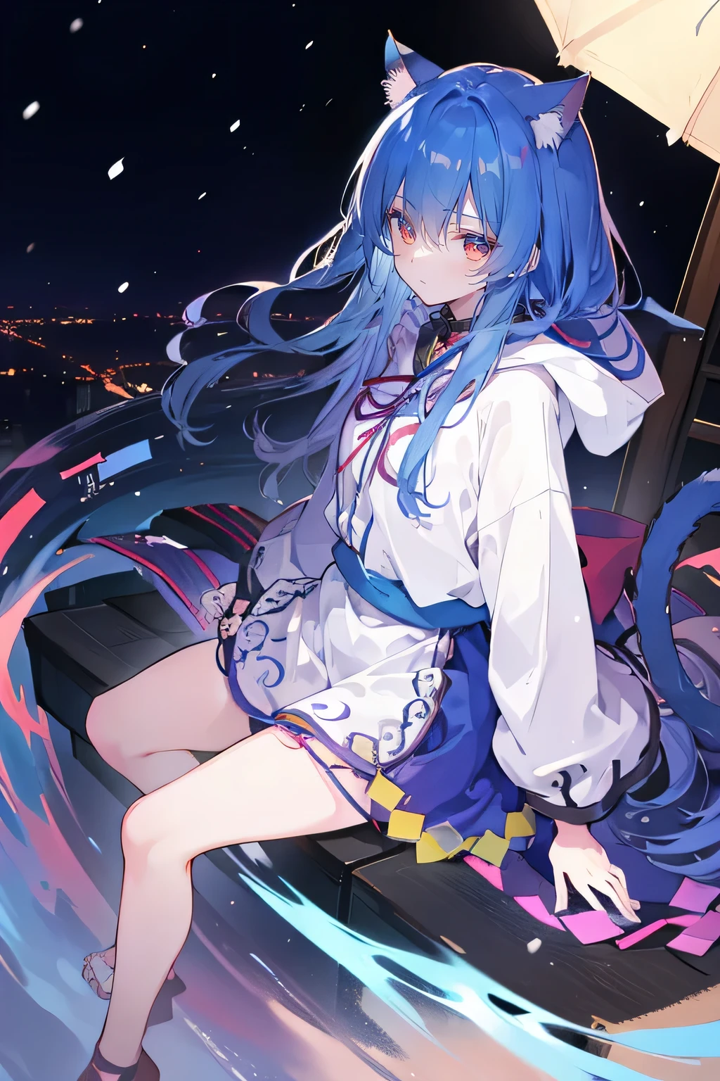 (masterpiece:1.2),Super detailed,lifelike,Expressive eyes,fair skin,perfect face shape,1 girl,
Japanese comics,Gorgeous blue hair,flowing blue hair,flowing clothes,Cat ears,Petals fall,beautiful lola,Baby Angel,
Shaking head with one hand,Cross your legs,Gentle and peaceful background,The pavilion is cool and comfortable,smile, wearing hoodie, background of tokyo,back views,snowing, winter.