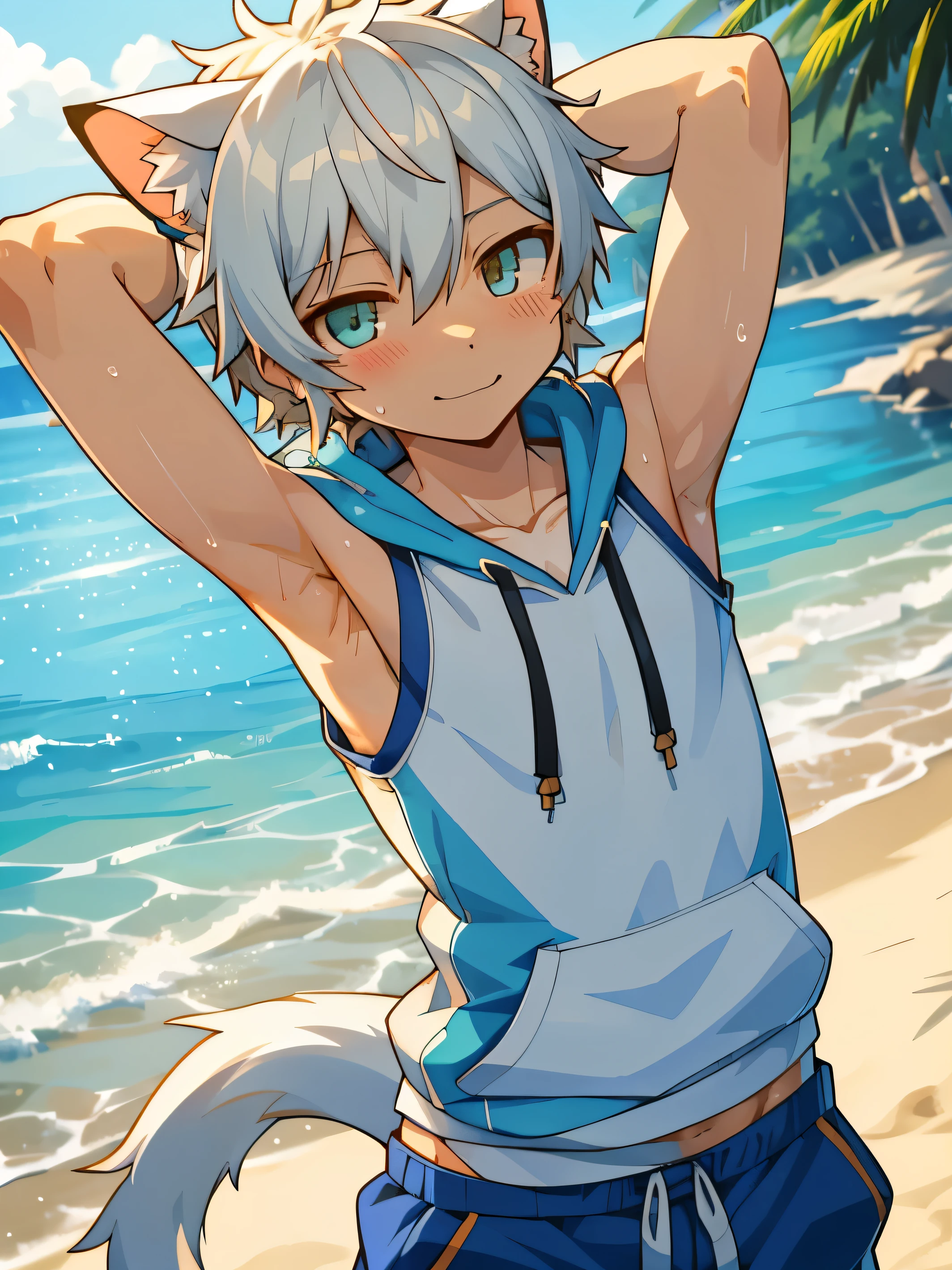 Anime style,top quality, best quality, High-quality illustrations, masterpiece, detailed background, 12-Year-Old-Boy, youg boy, shota, White cat boy, Sleeveless hoodie, Body, (Showing armpit:1.4), Slim body, Slim stomach, Beach, cute, handsome, Happy, joyful, Sweat, Blush, (highly detailed beautiful face and eyes), perfect anatomy, (kemono, furry anthro), uhd, Bokeh