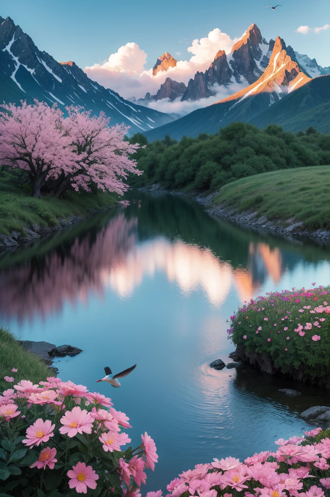 landscape, colorful, pink flowers, sun, tree, mountain, sky, water, clouds, birds, ultra had, (masterpiece,best quality:1.5)