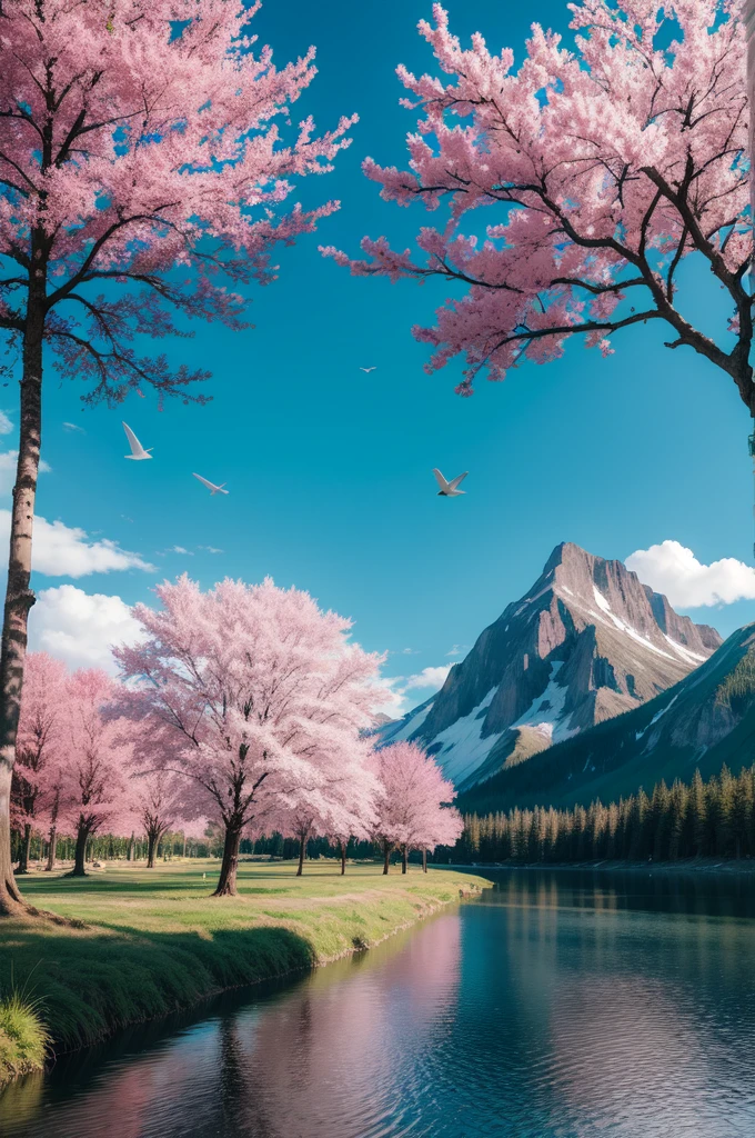 landscape, colorful, pink flowers, sun, tree, mountain, sky, water, clouds, birds, ultra had, (masterpiece,best quality:1.5)