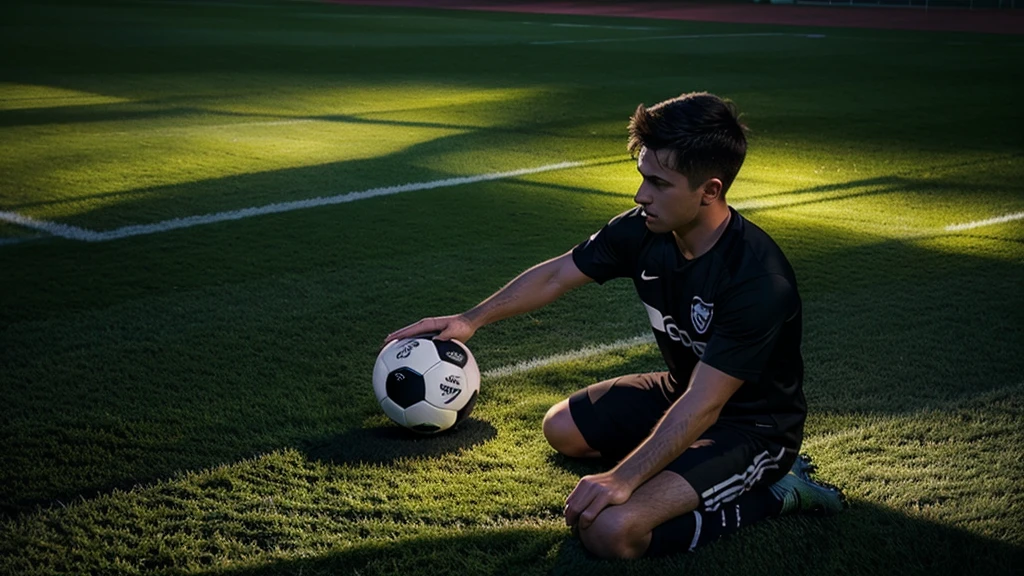 Soccer player in action on the field at night under spotlights. Football Concept With a Copy Space. Soccer Concept With a Space For a Text.