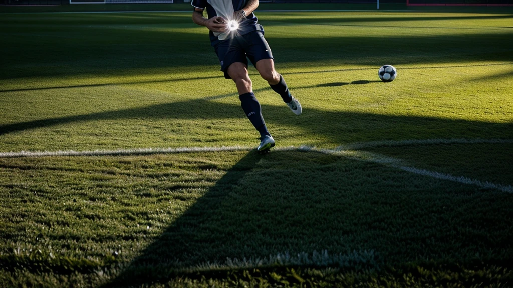Soccer player in action on the field at night under spotlights. Football Concept With a Copy Space. Soccer Concept With a Space For a Text.