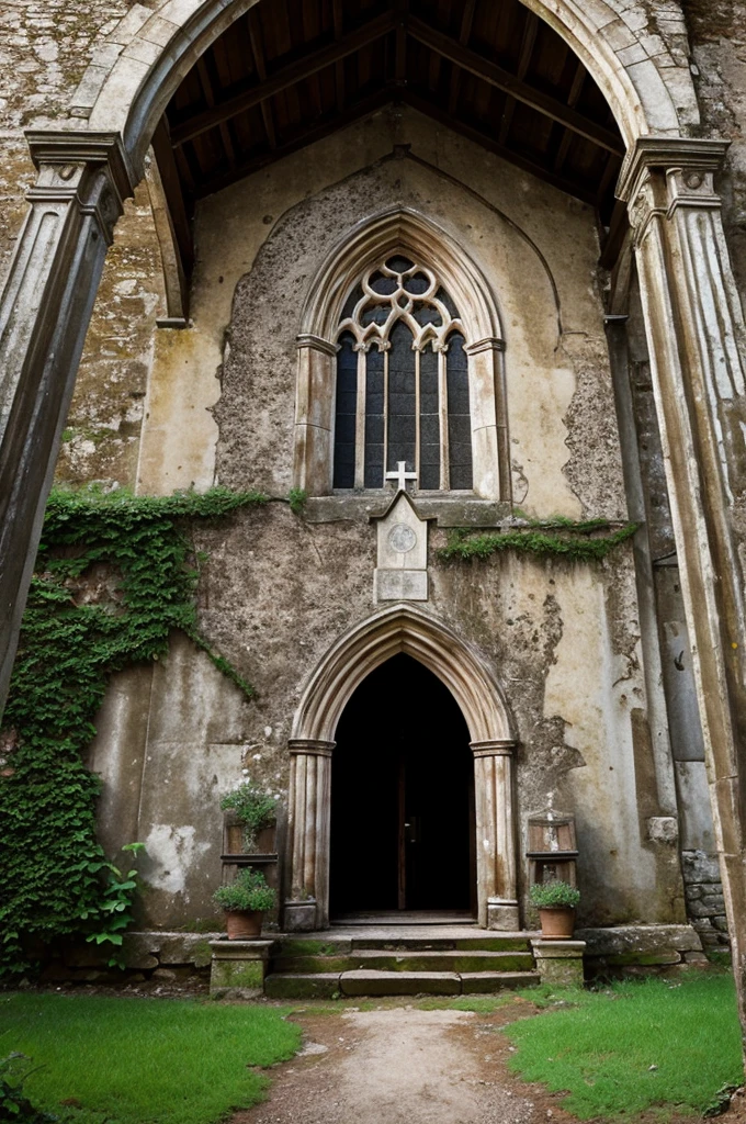 Charming Old Church: An image of a picturesque old church with a sense of mystery. It should have a slightly hidden entrance or a secretive aura.
