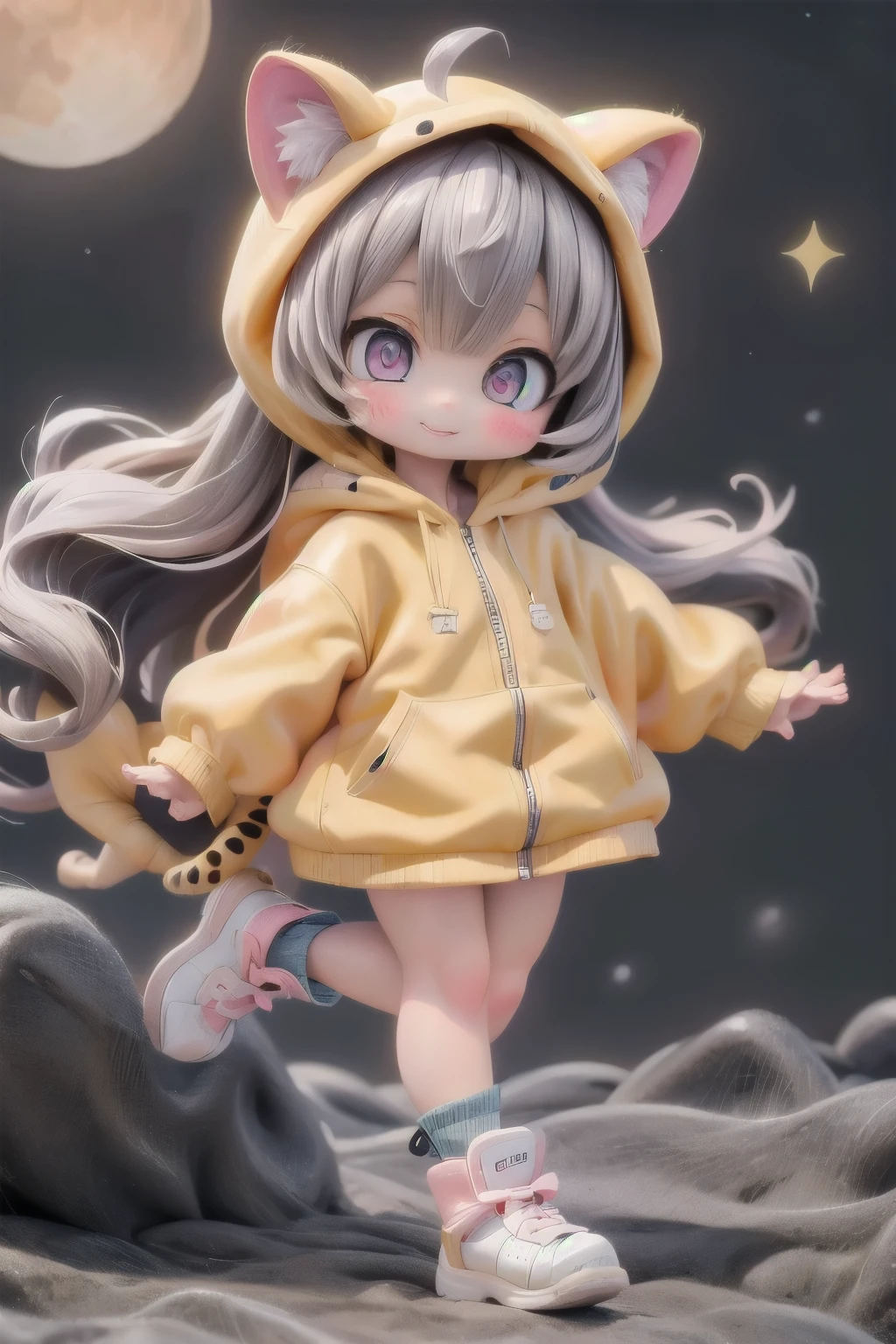 cute chibi girl smiling wearing a (cheetah kigurumi), action pose, dynamic angle, background african savanna at night, starry sky, moon