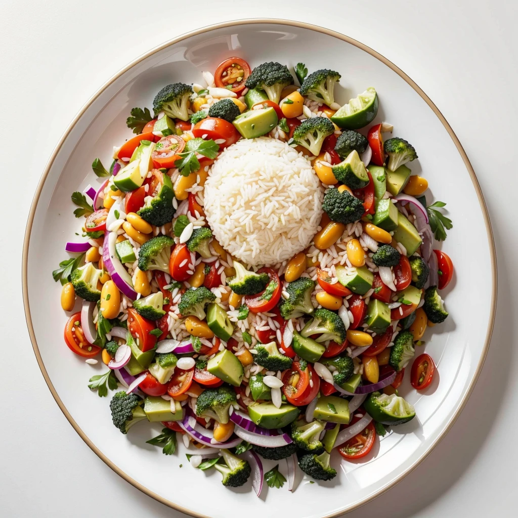 a plate of vegetarian food with rice, bean, salad and vegetables seen from above with white background