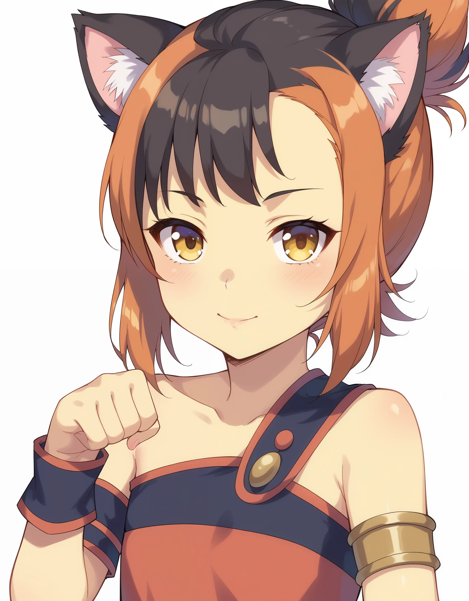 core_9, score_8_up, solo, BREAK, female ,  wilykit, girl, solo, brown hair, two-tone hair, multicolored hair, armlet, yellow eyes,  paw pose,  black hair, orange hair, animal ears, flat chest, white background, yellow skin,