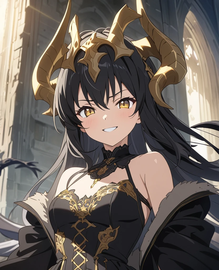 ((A girl grinning fearlessly,Anime painting,Fantasy,masterpiece,Highest quality,High resolution,finely)),(In front of the altar of the ancient ruins、Dynamic and provocative pose、A small, young, beautiful girl with long black hair and golden eyes.,Dragon horns growing from his head),Shoulders are exposed,A sexy black Gothic ta costume with gold embroidery,Composition from the upper body up