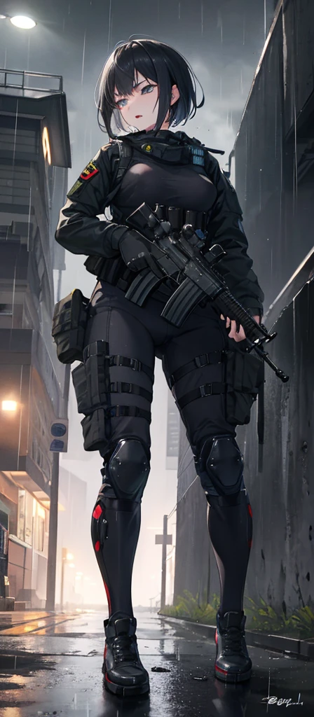 ((Best Quality)), ((Masterpiece)), (detailed), anime girl, short black hair, exposed nipple, sexy, , military , black futuristic tactical, tactical assault weapon, tactical team, annoyed, bothers, hull, special mission, at night, City, strong rain, focused, shooting up, con hull tactico