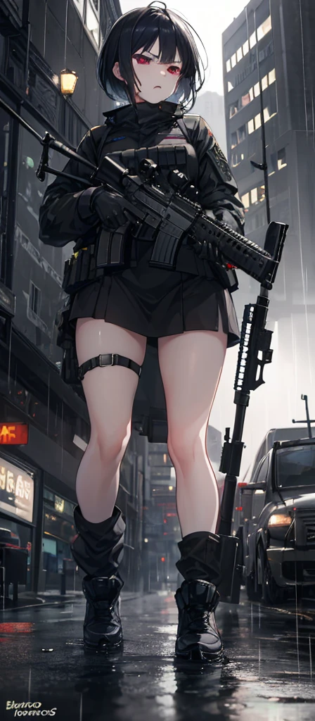 ((Best Quality)), ((Masterpiece)), (detailed), anime girl, Red hair,stuck clothes, weight,  coquette, sexy, without underwear , military camouflage, futuristic tactical, tactical assault weapon, tactical team, annoyed, bothers, hull