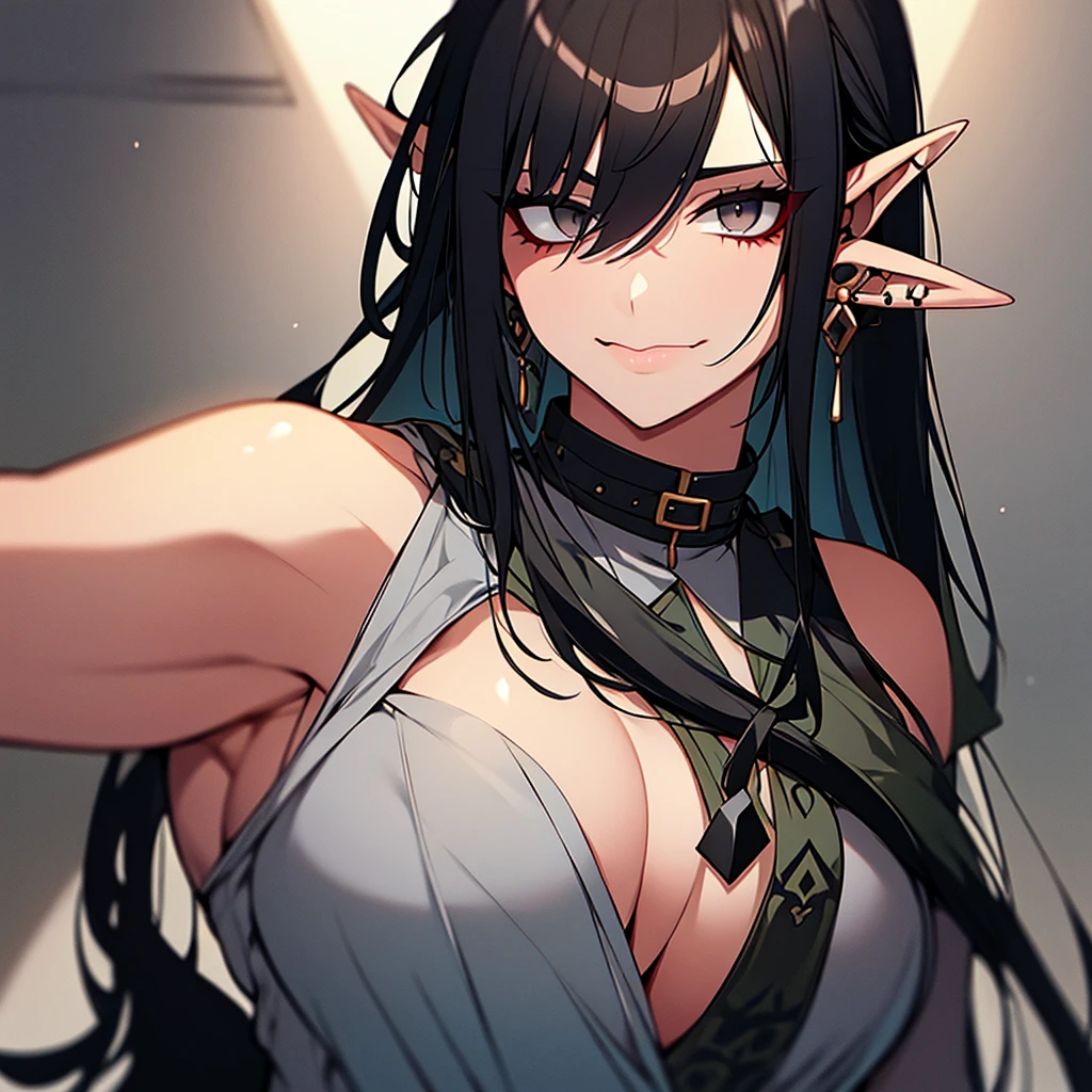 An elf with long black hair with a ponytail and black eyes with a piercing on her lip in a gray rushak