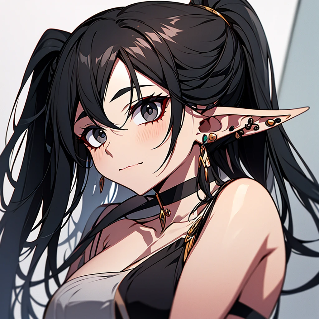 An elf with long black hair with a ponytail and black eyes with a piercing on her lip in a gray rushak