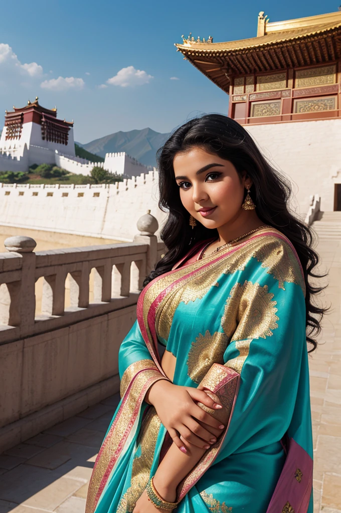 1 Heavenly beautiful and goddess beauty cute and sweet looking face Arabian female in front of Potala Palace, China, Heavenly beautiful Overweight, Heavenly beautiful Extremely fat, Heavenly beautiful and attractive Chubby figure , Heavenly beautiful looking and eye catching luxury style floral saree , reaching out, Heavenly beautiful Arabian woman, 16k, High resolution, masterpiece, highest quality, fine skin, outside view, Realistic Photograph