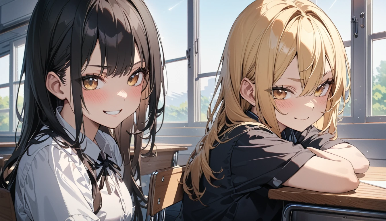 (award winning, 8k, super detailed, high resolution, best quality) , photography, (two girls), girl on the left with blonde hair and smirk expression, girl on the right with black hair and (timid expression), (sitting side by side at desk), ((beautiful girls)), classroom, light from the window.