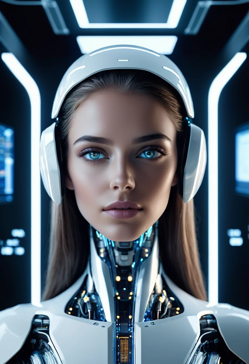 photorealistic, Futuristic representation of a half-human, half-machine AI mind, located in a clean room with cutting-edge technology, Futuristic Aesthetic. Great technological innovation, présentant les avancées de pointe dans ce domaine. Very high quality image, avec une attention exceptionnelle aux détails, Des couleurs vives, and a feeling of depth and realism.

fille humaine heureuse, beautiful detailed eyes, beautiful detailed lips, extremely detailed and happy face, long cils, Very long hair, corps sublime, advanced neural interface, glowing fils, white and elegant bedroom, futuristic technology, advanced computer systems, holograms, studio lighting, 8K, photorealistic, cinematic, dramatic lighting, couleurs vives, super detailed