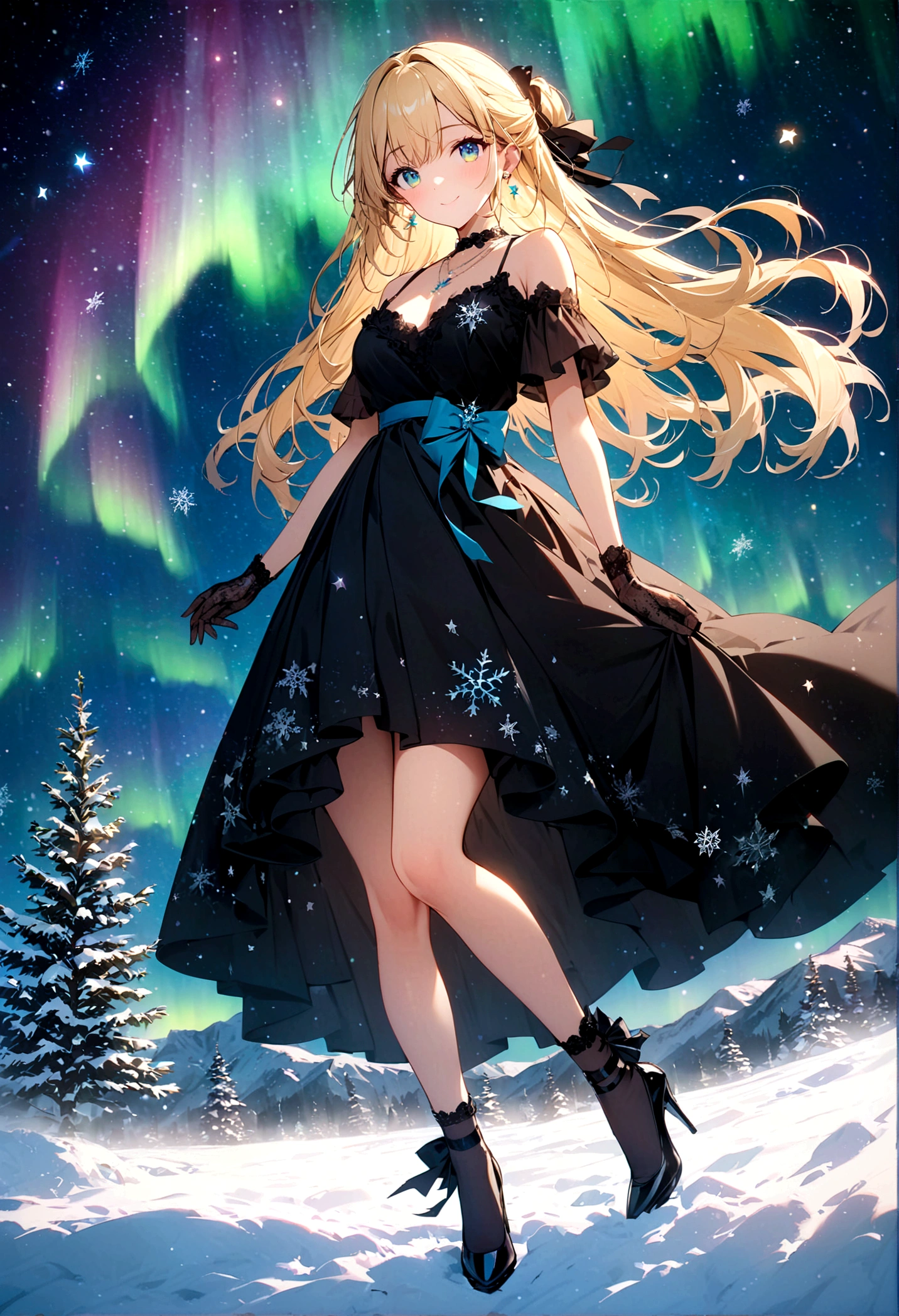 {best quality}, {{masterpiece}}, {highres}, original, extremely detailed 8K wallpaper, 1girl, {an extremely delicate and beautiful},aurora,snowflakes,starry sky,clusters of stars,starry sky,glinting stars,,starry sky ,blonde hair,long hair,half updo,floating hair,cyan_eyes,sweet smile,beautiful_face,beautiful detailed eyes,black skirt dress, flower pattern in dress,black gown,black stocking,High heeled gift shoes,lace-trimmed_gloves,earrings,necklace,
