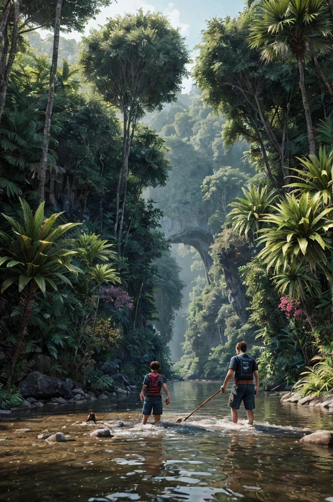 unreal engine 5 render, jungle, river, flowers, extremely detailed, colorful, beautiful!
A Father and Son skipping rocks on the river, and they have their mixed breed dog wagging it's tail.