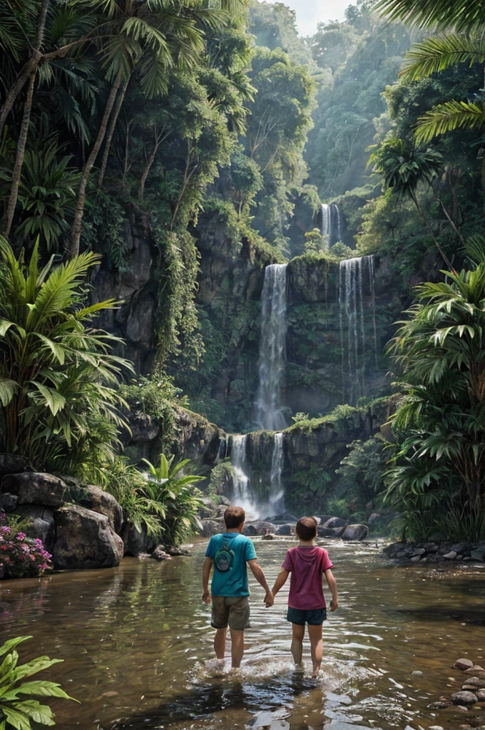 unreal engine 5 render, jungle, river, flowers, extremely detailed, colorful, beautiful!
A Father and Son skipping rocks on the river, and they have their mixed breed dog wagging it's tail.