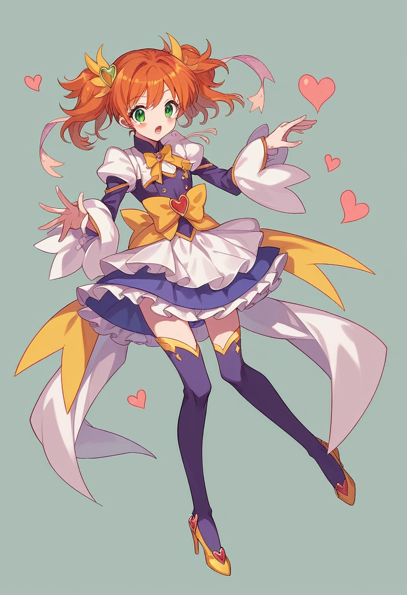 extremely detailed 8K CG, ultra-detailed:1.3, ultra delicate and detailed face:1.3, (absurdres, texture, masterpiece), pixiv contest winner, by Posuka Demizu, face light, full body, dynamic manga-style illustration of The world is full of pop, kitsch, and cuteness, with a yellow and blue-green color scheme, and an anime-style magical girl blowing a kiss to the left side with a cute expression.She wears a heart-patterned balloon skirt and a glass She's wearing stiletto heels.