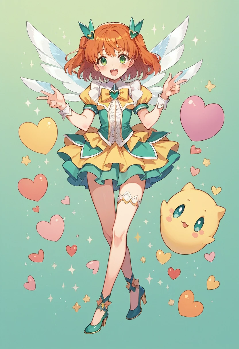 extremely detailed 8K CG, ultra-detailed:1.3, ultra delicate and detailed face:1.3, (absurdres, texture, masterpiece), pixiv contest winner, by Posuka Demizu, face light, full body, dynamic manga-style illustration of The world is full of pop, kitsch, and cuteness, with a yellow and blue-green color scheme, and an anime-style magical girl blowing a kiss to the left side with a cute expression.She wears a heart-patterned balloon skirt and a glass She's wearing stiletto heels.