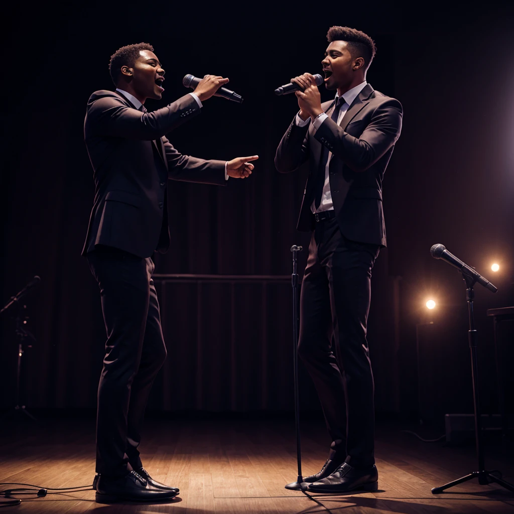 a full body man singing into the microphone