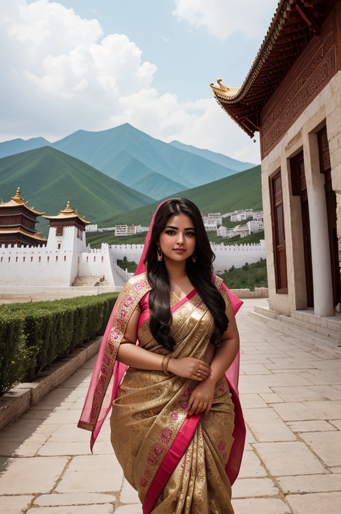 1 Heavenly beautiful and goddess beauty cute and sweet looking face Arabian female in front of Potala Palace, China, Heavenly beautiful Overweight, Heavenly beautiful Extremely fat, Heavenly beautiful and attractive Chubby figure , Heavenly beautiful looking and eye catching luxury style floral saree , reaching out, Heavenly beautiful Arabian woman, 16k, High resolution, masterpiece, highest quality, fine skin, outside view, Realistic Photograph