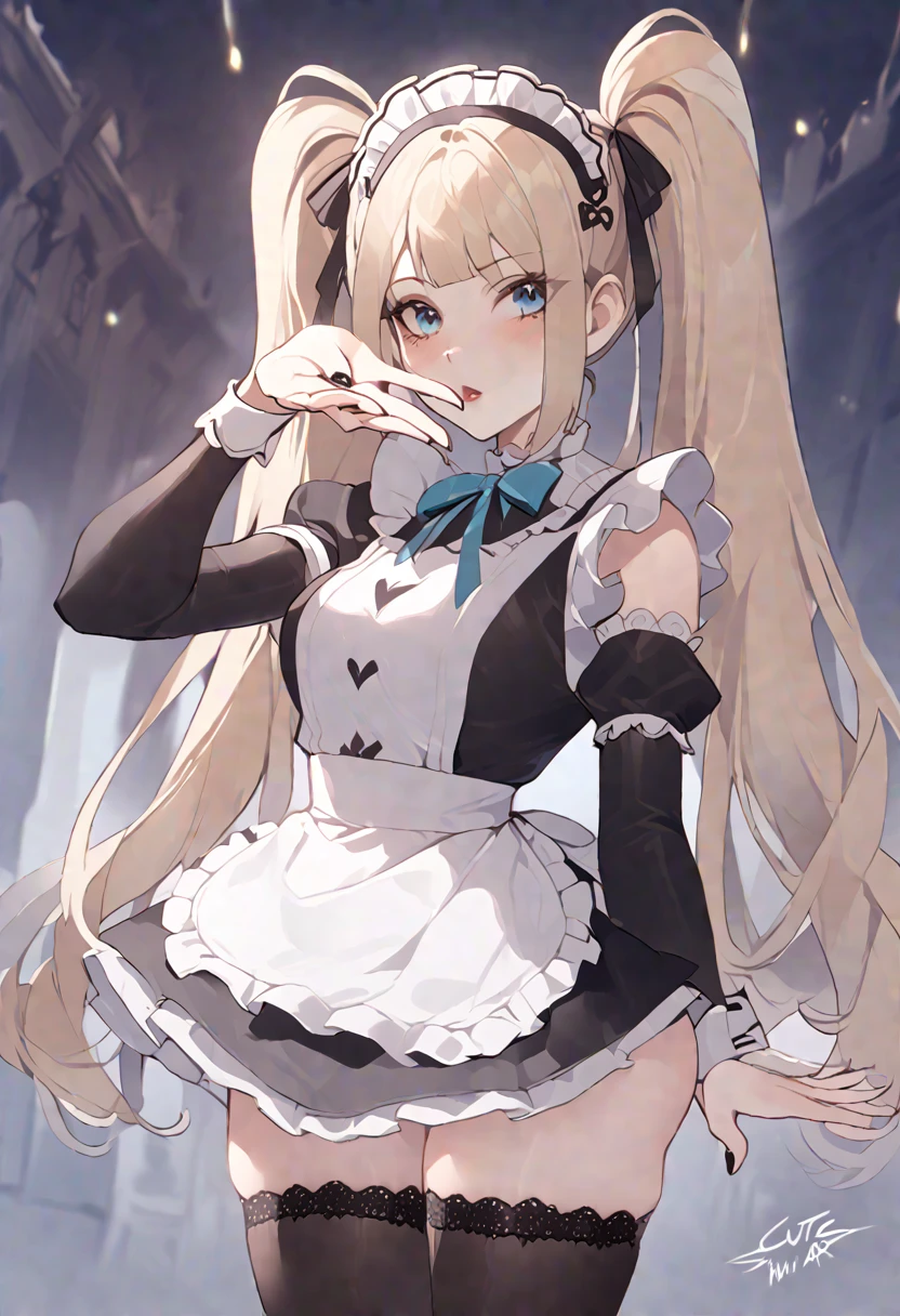 Marie rose, maid uniform, headdress, black stockings, mansion, ThiccWithaQ art style, Marie rose, cute, lewd, sexy, blowing kiss, fetallio gesture, horny, lustful, big ass, big hips, blue eyes, blone hair, pigtails, cute face, expressive face, sweet, She has fair skin, light blonde, bottom-length hair that's held up in twin-pigtails, She appears very young, Gothic Lolita Fashion, strapless maid dress, with arm sleeves. platform heeled shoes, black nail polish, Gothic arm accessories, and frequent use of the colors black and white are recurring elements in her additional outfits. Her ribbons are also always black, with the choice of pointed or tied ribbons,