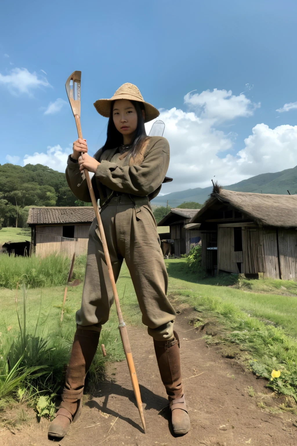 a farmer in armor with a pitchfork on a battle hut