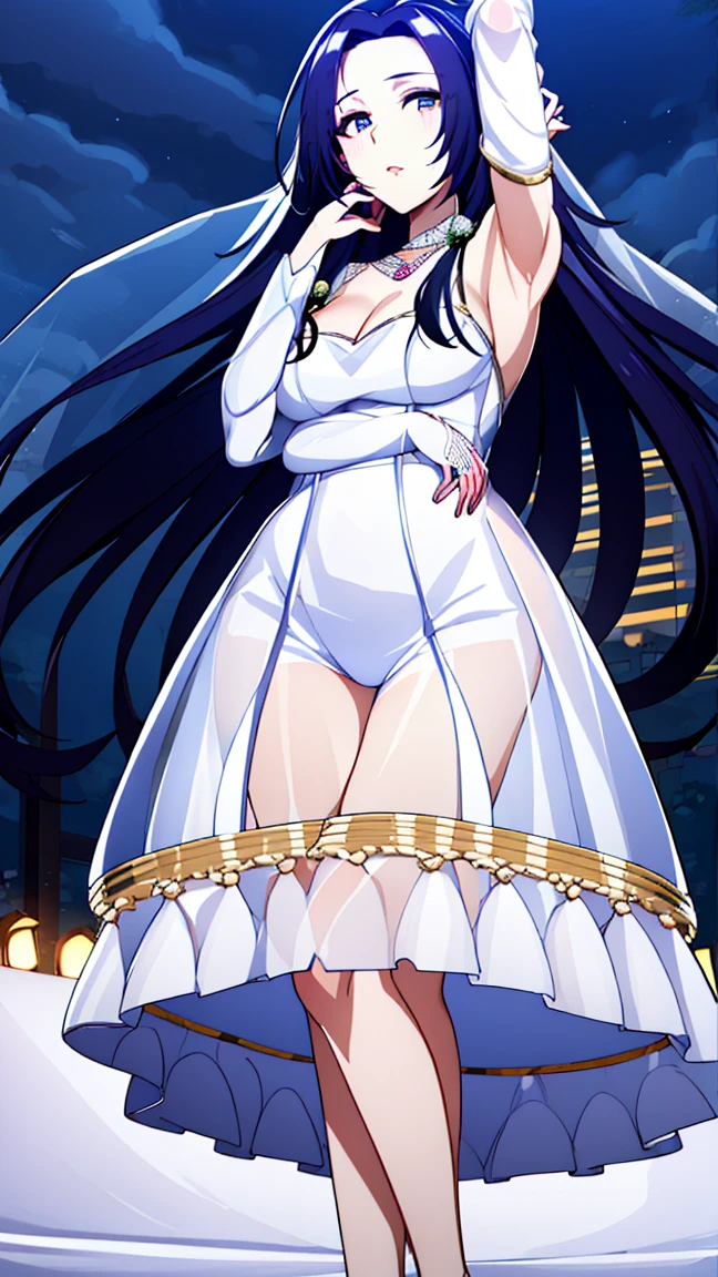 pointy ears,necklace,Gem,Dark Blue hair,Dark Blue Eyes, Bangs, 
BREAK (transparent tulle wedding dress with long sleeve and long tail:1.5),
BREAK (Night:1.7), Japan, cyberpunk, CityView, Before Window, Standing at attention,armpits,arm up, expressive eyes,seductive smile, looking at viewer, NSFW,(Full_body), 
BREAK (masterpiece:1.2), best quality, high resolution, unity 8k wallpaper, (illustration:0.8), (beautiful detailed eyes:1.6), extremely detailed face, perfect lighting, extremely detailed CG, (perfect hands, perfect anatomy),