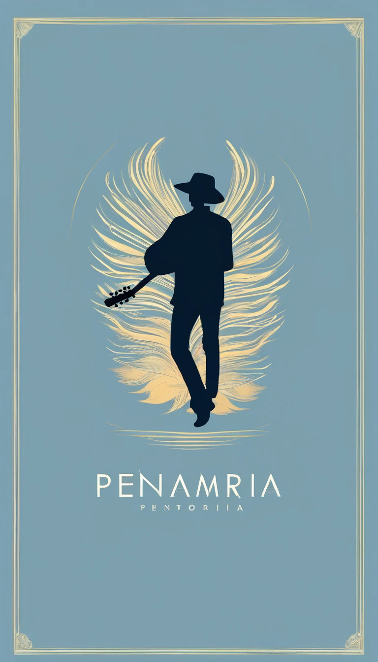 A minimal, modern, simple, cinematic logo design for the brand “Penamemoria". The logo design must be a simple, silhouette of a boy, standing up, playing acoustic guitar and fantasy feather by his side. The logo must convey a sense of music, stories, memories and dreams. Logo design impressed on a book cover. Minimalistic logo. Light blue, soft white and light golden as colors for the logo design