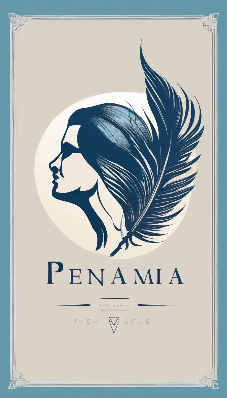 A minimal, modern, simple, cinematic logo design for the brand “Penamemoria". The logo design must be a simple, silhouette of a boy, standing up, playing acoustic guitar and fantasy feather by his side. The logo must convey a sense of music, stories, memories and dreams. Logo design impressed on a book cover. Minimalistic logo. Light blue, soft white and light golden as colors for the logo design