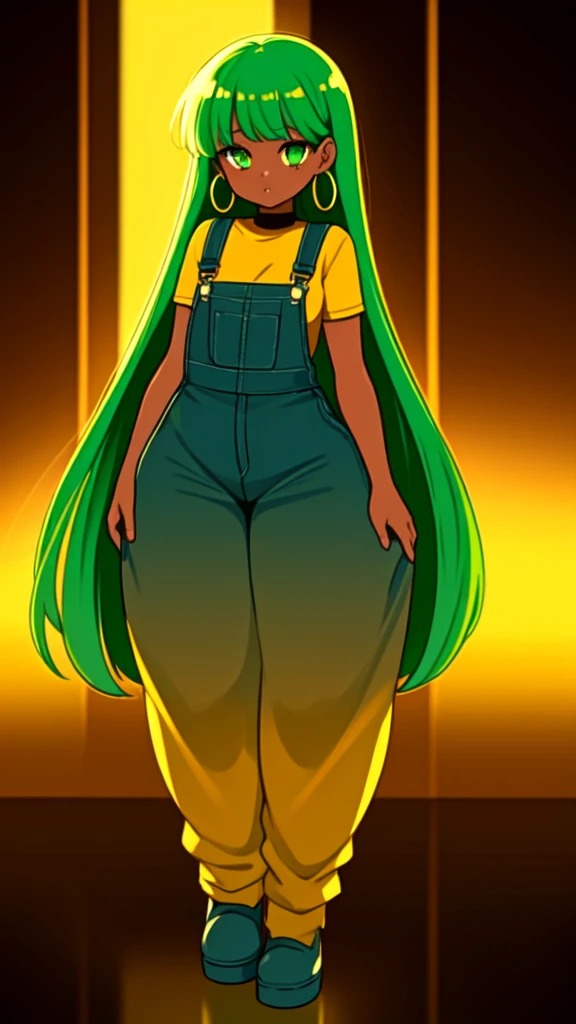 masterpiece, best quality,1girl, ((young girl)), ((large round magical green eyes)), shiny skin, (thin waist), (long curlly green hair), ((curvy)), ((wide hips)), ((hoop earrings)), ((small size)) , ((( yellow overalls))), hot, soft natural lighting, reflections, bright illuminations, deep dark black skin, ((yellow outfit)), full body