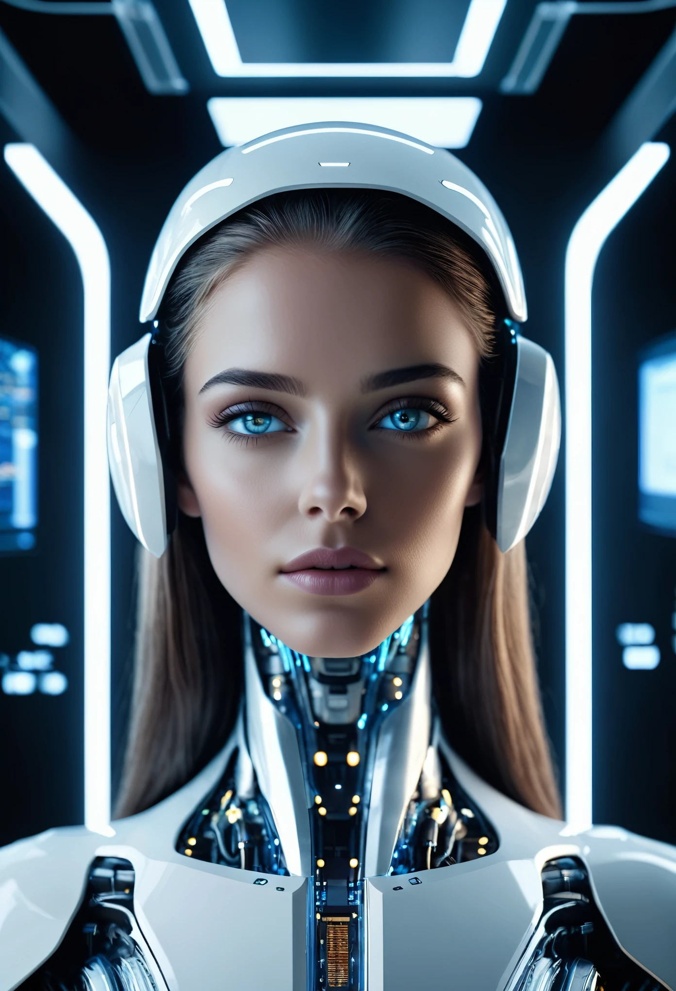 photorealistic, Futuristic representation of a half-human, half-machine AI mind, located in a clean room with cutting-edge technology, Futuristic Aesthetic. Great technological innovation, présentant les avancées de pointe dans ce domaine. Very high quality image, avec une attention exceptionnelle aux détails, Des couleurs vives, and a feeling of depth and realism.
fille humaine heureuse, beautiful detailed eyes, beautiful detailed lips, extremely detailed and happy face, long cils, Very long hair, corps sublime, advanced neural interface, glowing fils, white and elegant bedroom, futuristic technology, advanced computer systems, holograms, studio lighting, 8K, photorealistic, cinematic, dramatic lighting, couleurs vives, super detailed