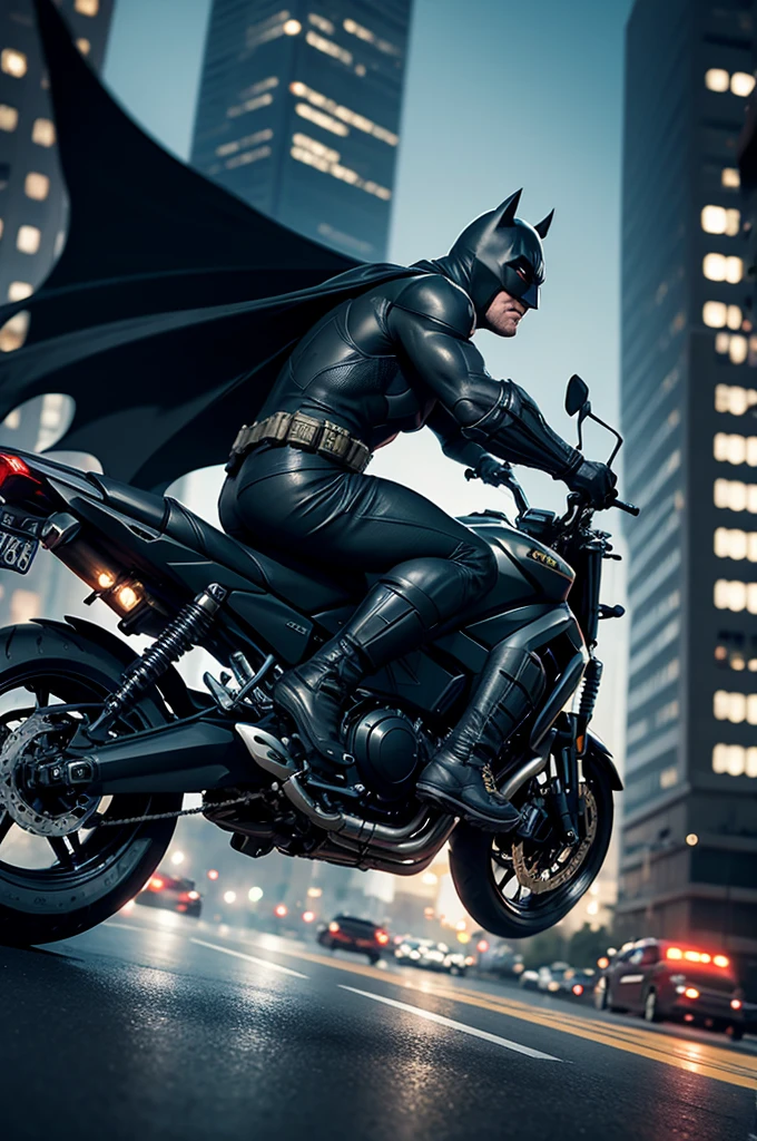 batman, realistic, 4k, riding his big motorbike, through the streets of a big city
