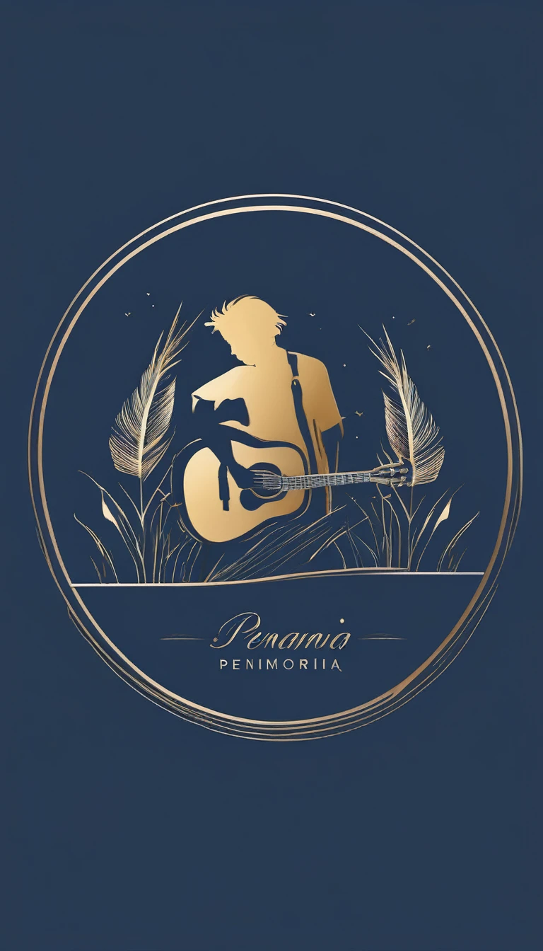 A minimal, modern, simple, cinematic logo design for the brand “Penamemoria". The logo design must be a simple, silhouette of a boy, standing up, playing acoustic guitar and fantasy feather by his side. The logo must convey a sense of music, stories, memories and dreams. Logo design impressed on a book cover. Minimalistic logo. Soft blue, white and golden as colors for the logo design