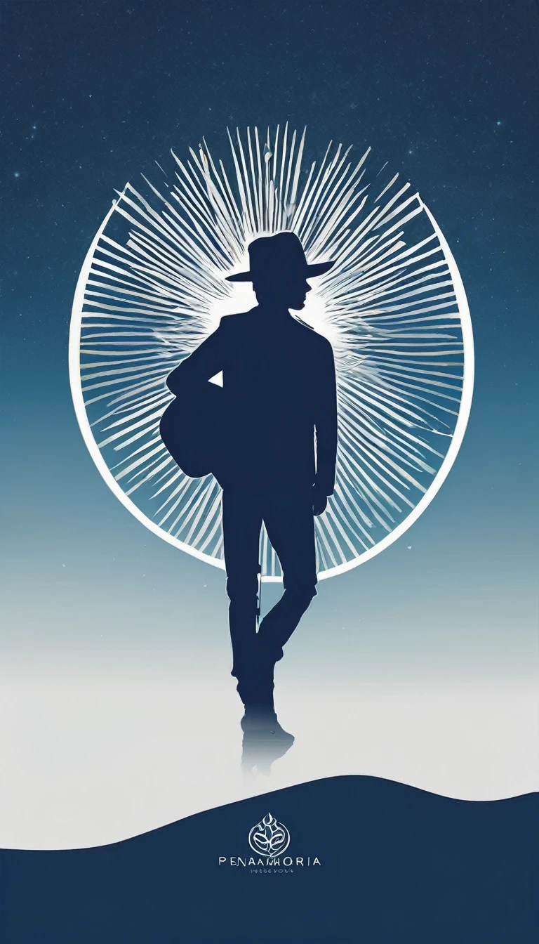 A minimal, modern, simple, cinematic logo design for the brand “Penamemoria". The logo design must be a simple, silhouette of a boy, standing up, playing acoustic guitar and fantasy feather by his side. The logo must convey a sense of music, stories, memories and dreams. Logo design impressed on a book cover. Minimalistic logo. Soft blue, white and golden as colors for the logo design