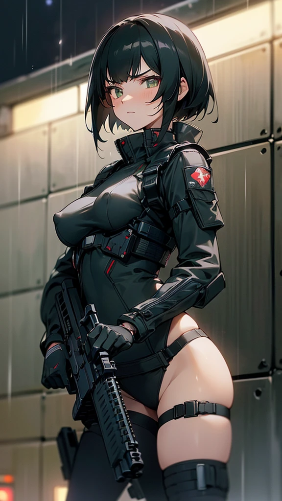 ((Best Quality)), ((Masterpiece)), (detailed), anime girl, short black hair, exposed , , , military , black futuristic tactic, tactical assault weapon, tactical equipment, angry, bothers, hull, special mission, At night, City, strong rain, in focus, shooting up, con hull tactico