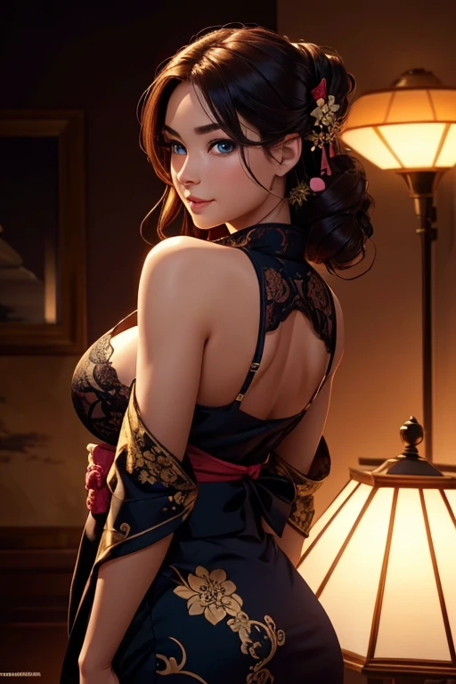 A beautiful woman，With a charming smile, A busty wanderer in a golden lace kimono, the Meiji Reform, blue eyes, By Jim Bo, (((Full and soft breasts,)))(((Large Breasts))) (((Cleavage))), Bare shoulders, HD, UHD, Wallop, Atjem, Complex hairstyle, The view behind, Big anime eyes, Realistic eyes, Very detailed eyes, Natural skin, Natural skin texture, Subsurface scattering, Soft colors, Skin pores, Perfect face, Perfect eyes, Perfectly plump lips, Flexible female form, vivid, Movie, lamp, Ultra Detailed, Surrealism, masterpiece, atmosphere, high resolution, Energetic, High contrast, Vignette, 8K, HDR, 500 pixels, Redjuice&#39;s Artwork