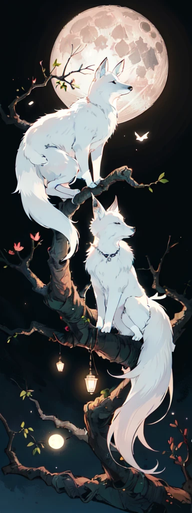 A white fox sitting on top of a tree branch next to a moon