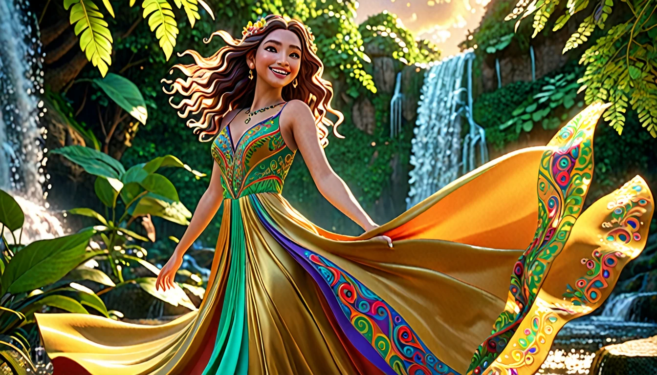 A stunning, cinematic 3D render of a joyful and vibrant character named Alegria. She is a captivating figure, wearing a colorful, flowing dress adorned with intricate patterns. Her hair is elegant, flowing in the wind, and her eyes sparkle with a radiant energy. Alegria stands amidst a beautiful and fantastical world, surrounded by lush greenery, shimmering waterfalls, and a golden sky that enhances her joyful demeanor. The overall atmosphere of the scene is enchanting and full of life., 3d render, illustration, cinematic, photo