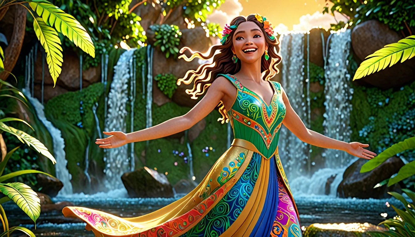 A stunning, cinematic 3D render of a joyful and vibrant character named Alegria. She is a captivating figure, wearing a colorful, flowing dress adorned with intricate patterns. Her hair is elegant, flowing in the wind, and her eyes sparkle with a radiant energy. Alegria stands amidst a beautiful and fantastical world, surrounded by lush greenery, shimmering waterfalls, and a golden sky that enhances her joyful demeanor. The overall atmosphere of the scene is enchanting and full of life., 3d render, illustration, cinematic, photo