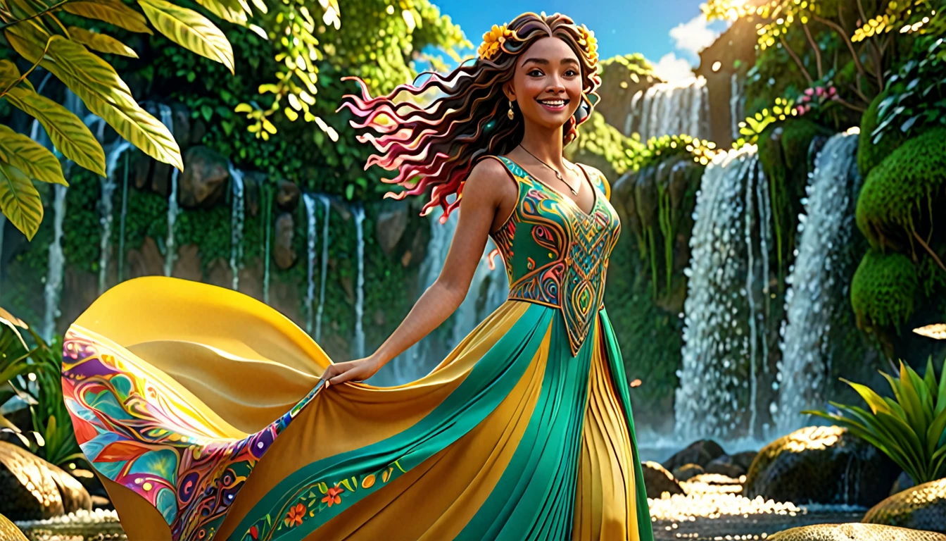 A stunning, cinematic 3D render of a joyful and vibrant character named Alegria. She is a captivating figure, wearing a colorful, flowing dress adorned with intricate patterns. Her hair is elegant, flowing in the wind, and her eyes sparkle with a radiant energy. Alegria stands amidst a beautiful and fantastical world, surrounded by lush greenery, shimmering waterfalls, and a golden sky that enhances her joyful demeanor. The overall atmosphere of the scene is enchanting and full of life., 3d render, illustration, cinematic, photo