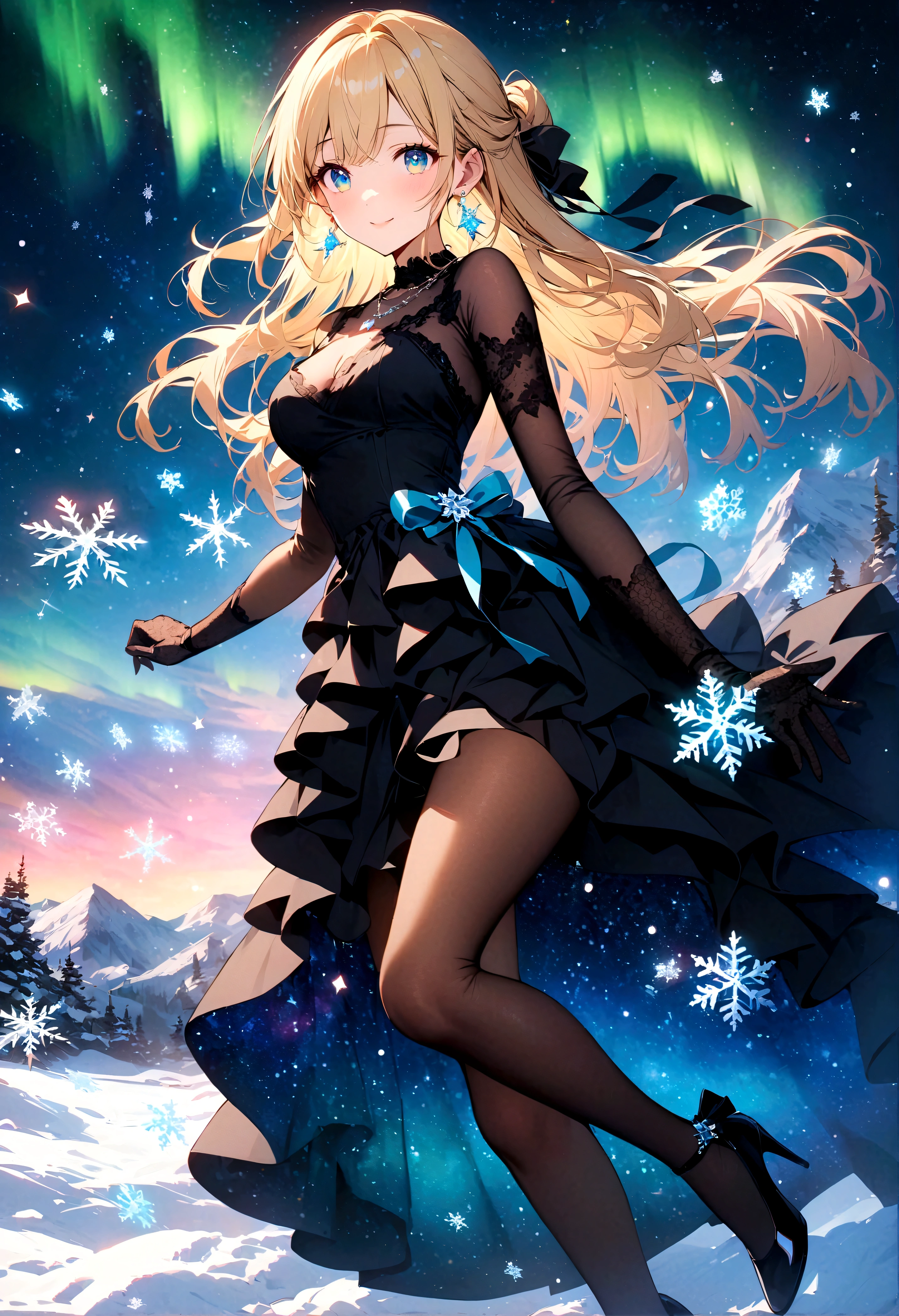 {best quality}, {{masterpiece}}, {highres}, original, extremely detailed 8K wallpaper, 1girl, {an extremely delicate and beautiful},aurora,snowflakes,starry sky,clusters of stars,starry sky,glinting stars,,starry sky ,blonde hair,long hair,half updo,floating hair,cyan_eyes,sweet smile,beautiful_face,beautiful detailed eyes,black skirt dress, flower pattern in dress,black gown,black stocking,High heeled gift shoes,lace-trimmed_gloves,earrings,necklace,