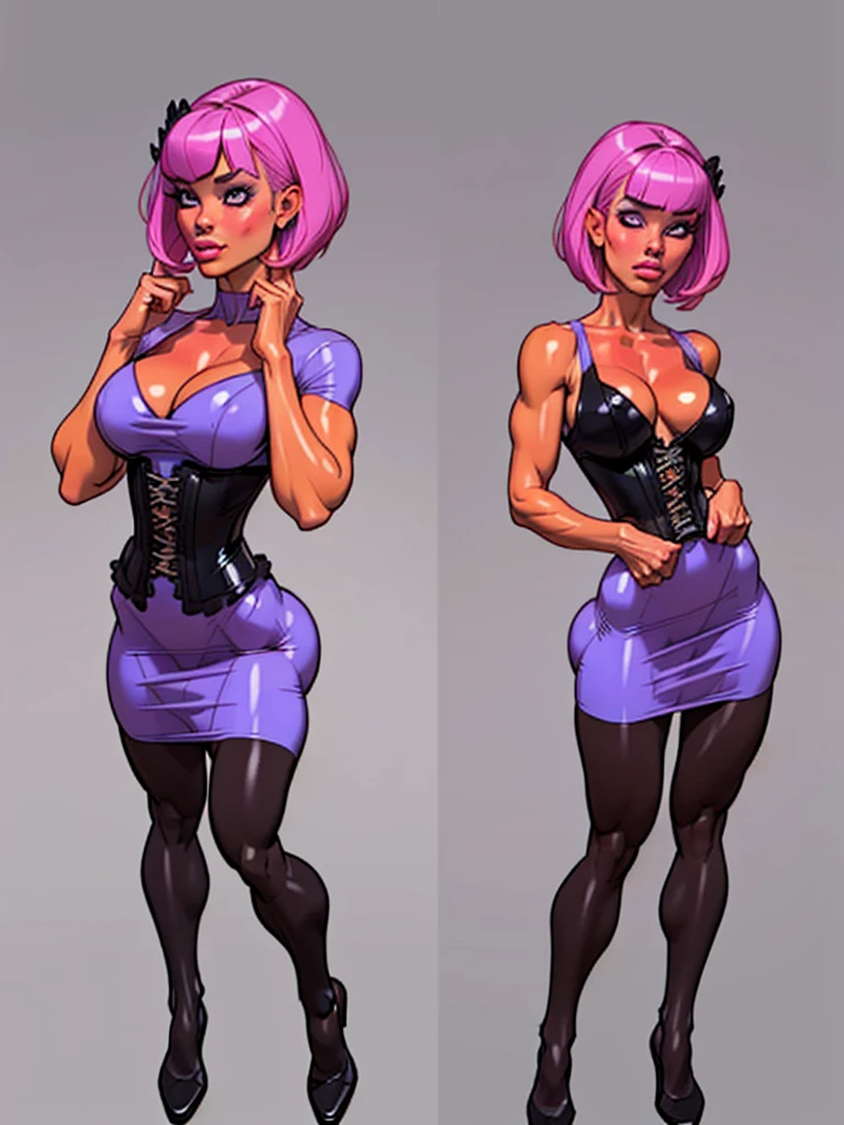 ((masterpiece)),(((best quality))),((character design sheet)), ((full body view)) illustration,1girl, muscular, ((tight purple dress:1.2)), buttercup, pink hair, purpledress ((detailed face:1.4)) beautiful woman, blunt bobcut, (black corset:1.2)shiny skin, scribbles and marks, , rough sketches, pose, 8k,16k, (simple background, white background: 1.3)