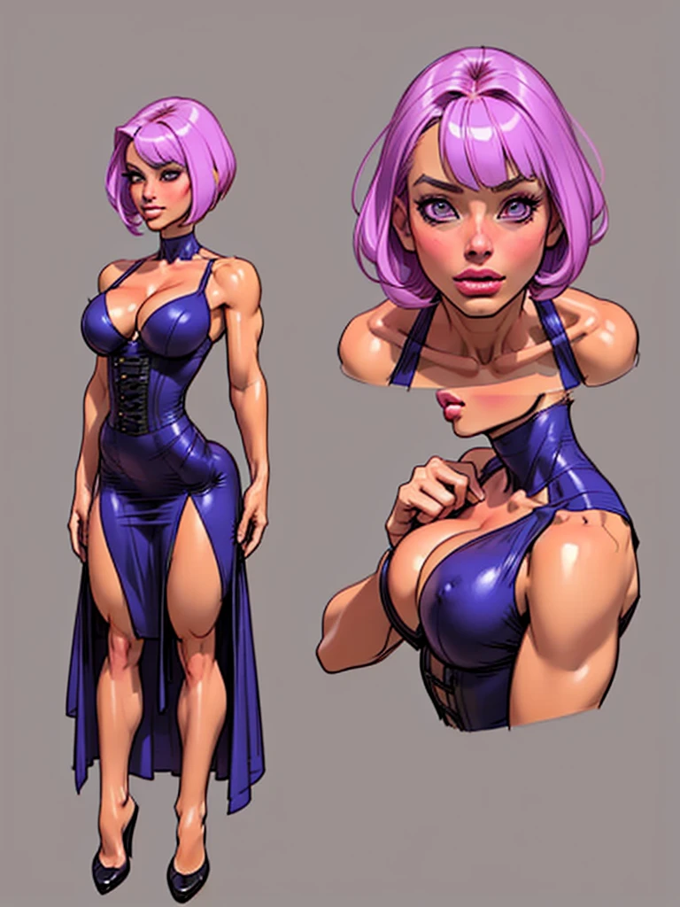 ((masterpiece)),(((best quality))),((character design sheet)), ((full body view)) illustration,1girl, muscular, ((tight purple dress:1.2)), buttercup, pink hair, purpledress ((detailed face:1.4)) beautiful woman, blunt bobcut, (black corset:1.2)shiny skin, scribbles and marks, , rough sketches, pose, 8k,16k, (simple background, white background: 1.3)