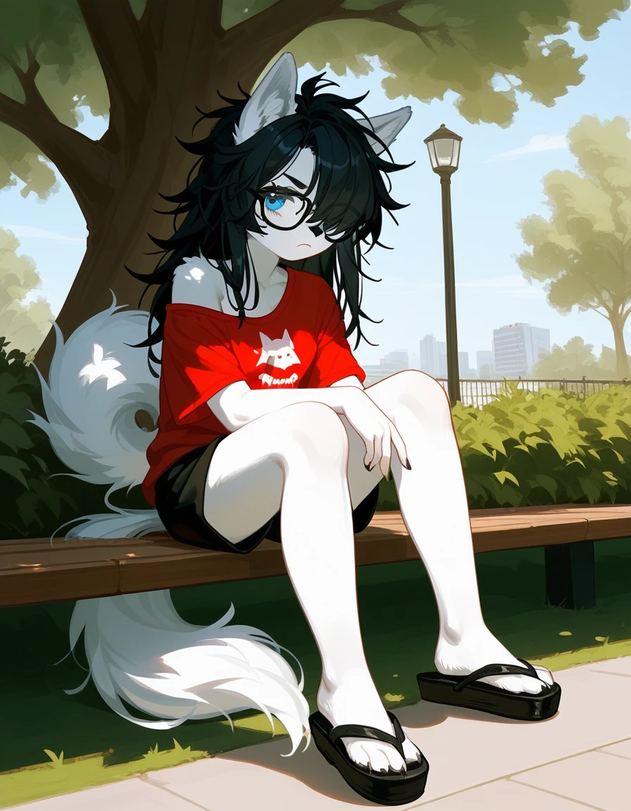 Solo, score_9,score_8_up,score_7_up, a young nerdy Anthro furry wolf woman, wolf snout, white furry body, tall body, long black messy hair, black hair, (hair in a pony tail):1.3, hair covering one eye, black glasses, blue eyes, white wolf ears, small breasts, wearing oversized red t shirt, exposed shoulder, black boy shorts, outdoors, at a park, pouting, sitting under a shady tree, wearing flip flops, feet paws, 4 toes,