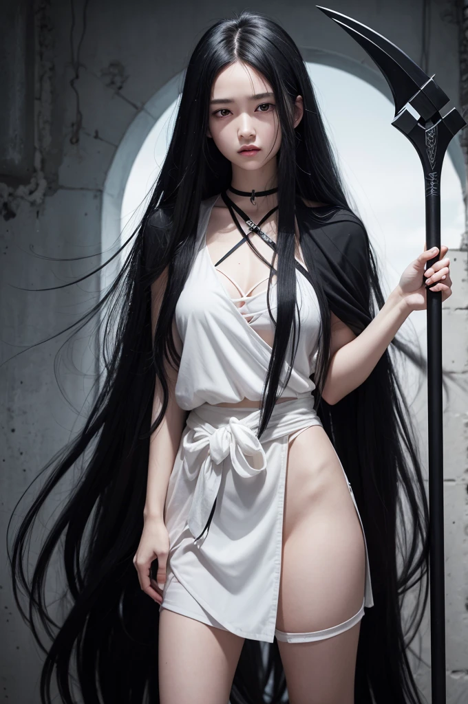 Girl, white skin, black hair, long hair, messy hair, black eyes, dark clotches, holding a scythe above and below